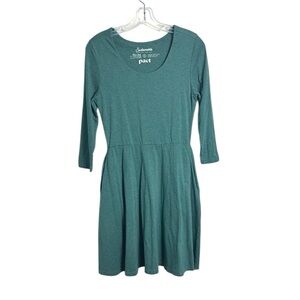 Pact Organic Cotton Fit and Flare 3/4 Sleeve Pine Green Mini Knee Length Dress S